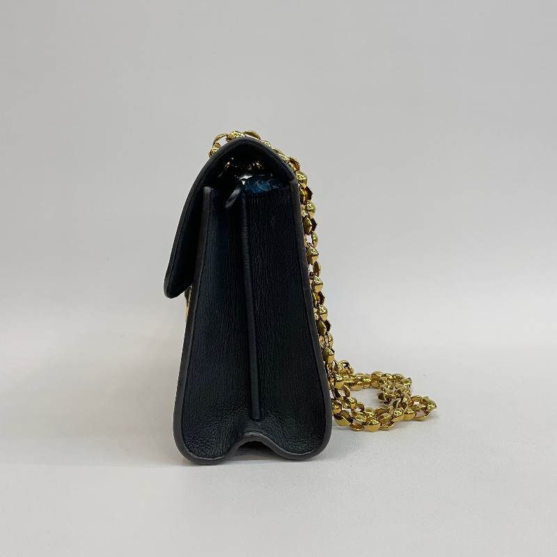 Louis Vuitton/路易威登老花拼黑色配皮維多利亞鏈條單肩斜挎包。-14