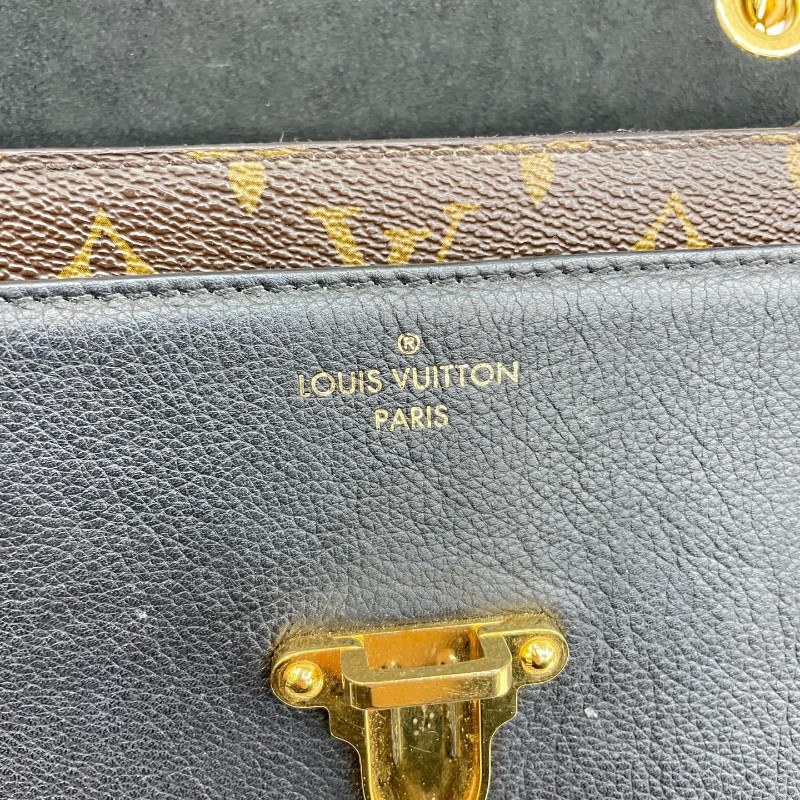 Louis Vuitton/路易威登老花拼黑色配皮維多利亞鏈條單肩斜挎包。-17
