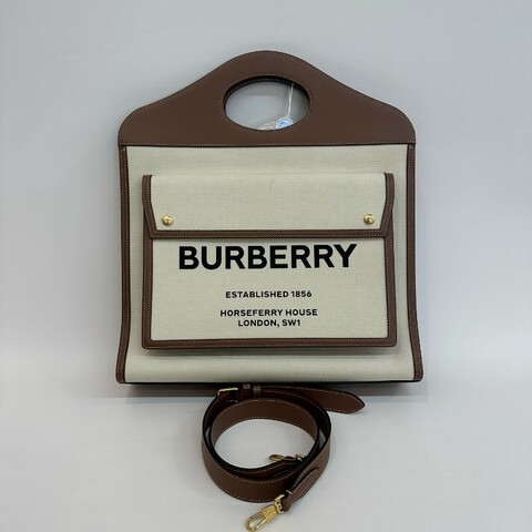 Burberry/巴寶莉格紋棕色帆布口袋斜挎包。