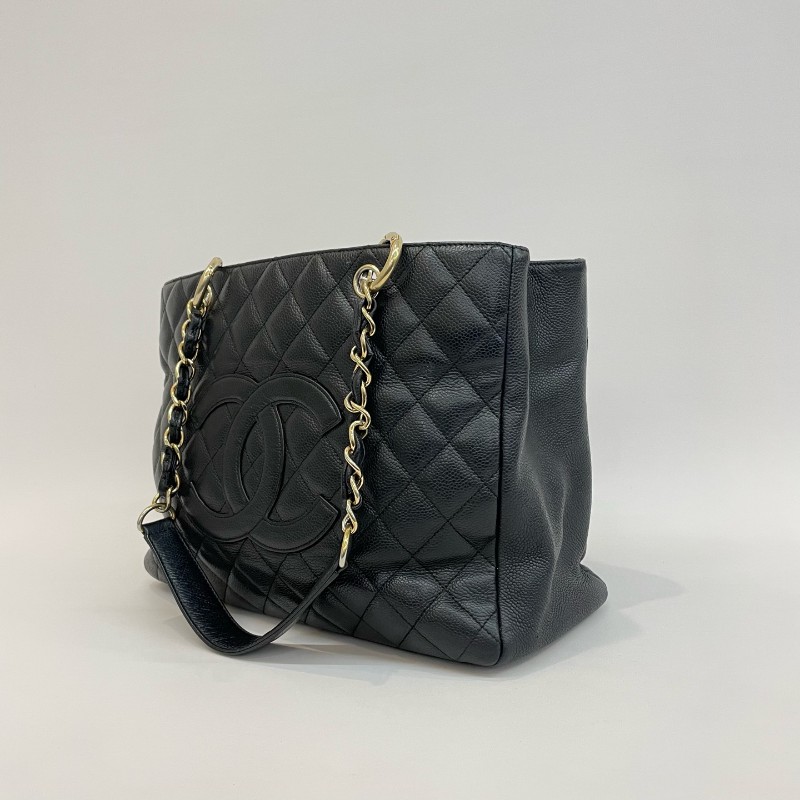 Chanel/香奈兒黑金荔枝牛皮中號gst鏈條單肩托特包。-3