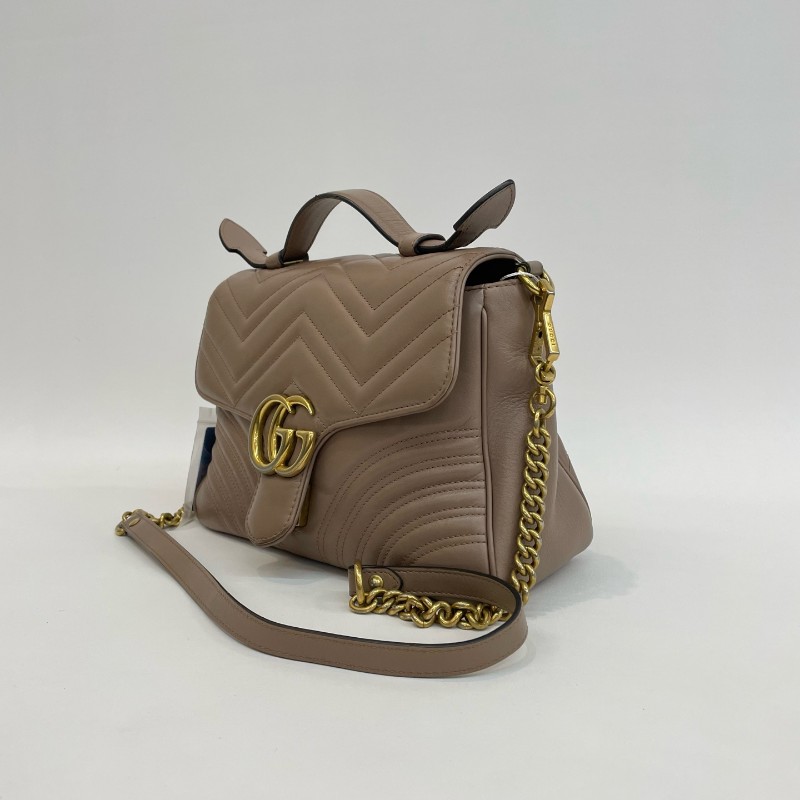 Gucci/古馳裸粉色全皮大號馬蒙郵差手提單肩斜挎包。-3