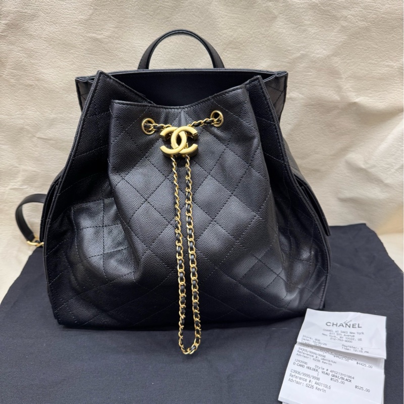 Chanel 全新25B系列黑金牛皮 大号双肩包 芯片-0