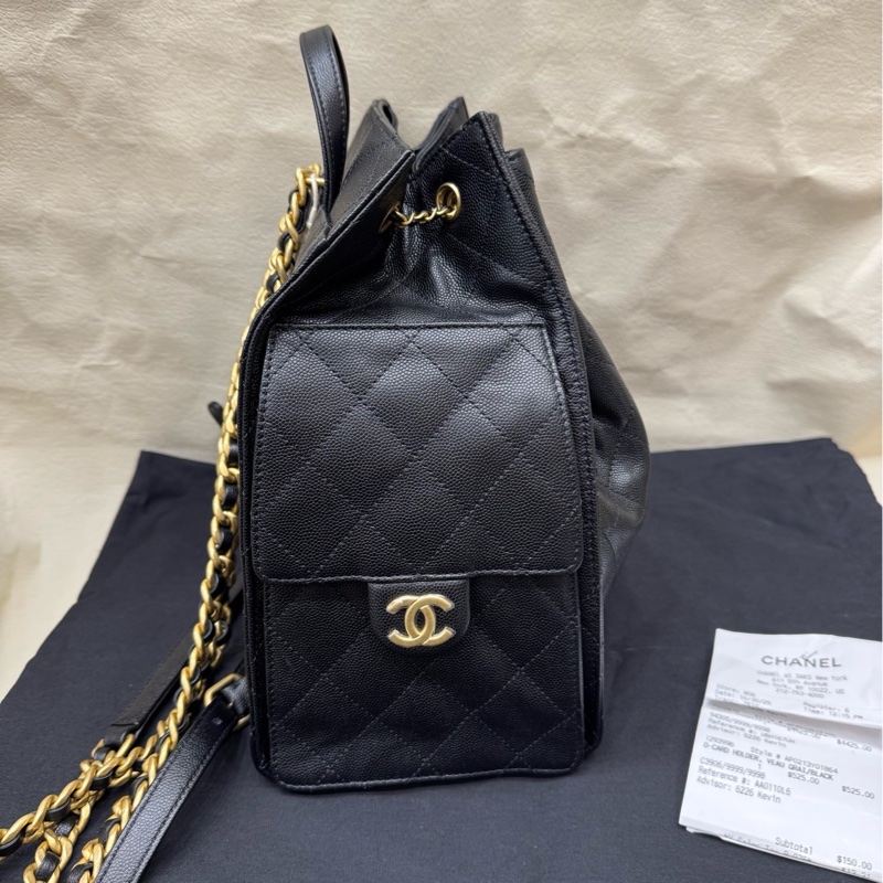 Chanel 全新25B系列黑金牛皮 大号双肩包 芯片-2
