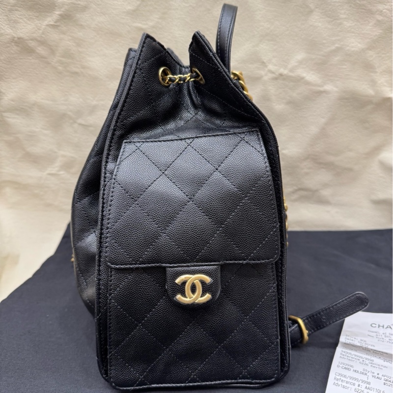 Chanel 全新25B系列黑金牛皮 大号双肩包 芯片-4