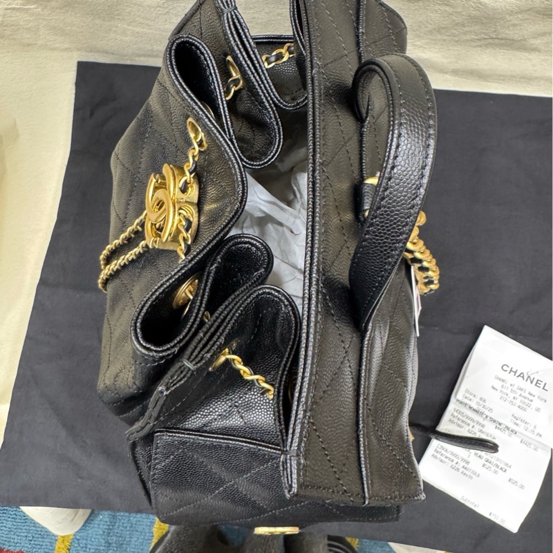 Chanel 全新25B系列黑金牛皮 大号双肩包 芯片-5