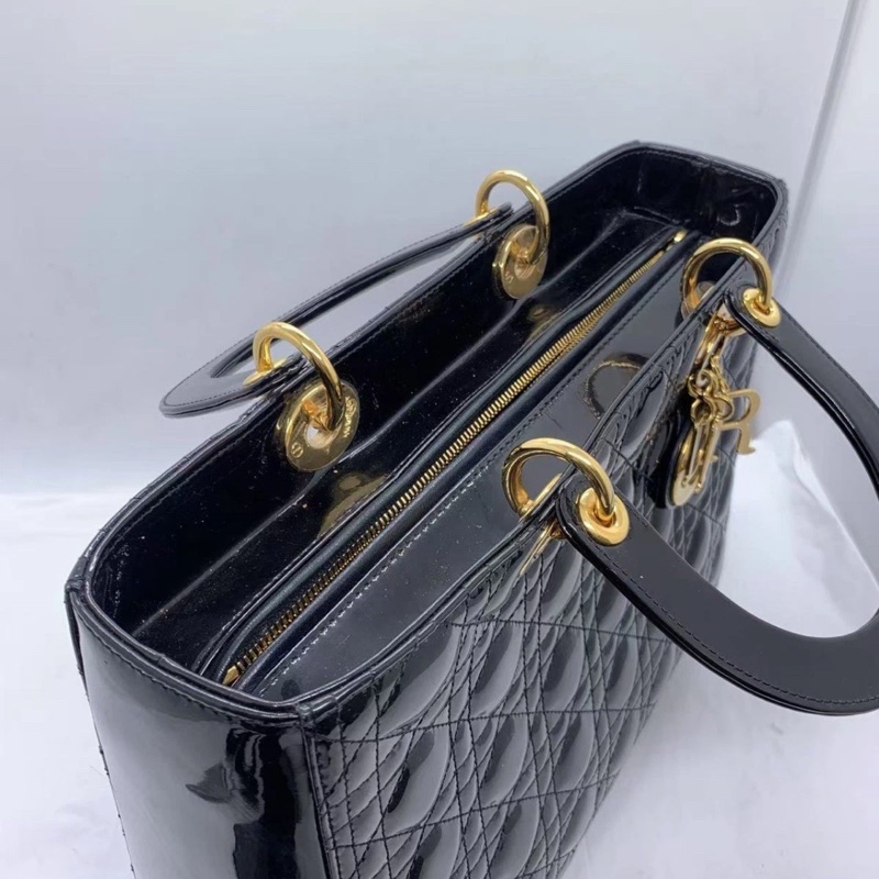 Christian Dior Lady Dior 大號 Cannage 漆皮黑色戴妃包 單肩包-3