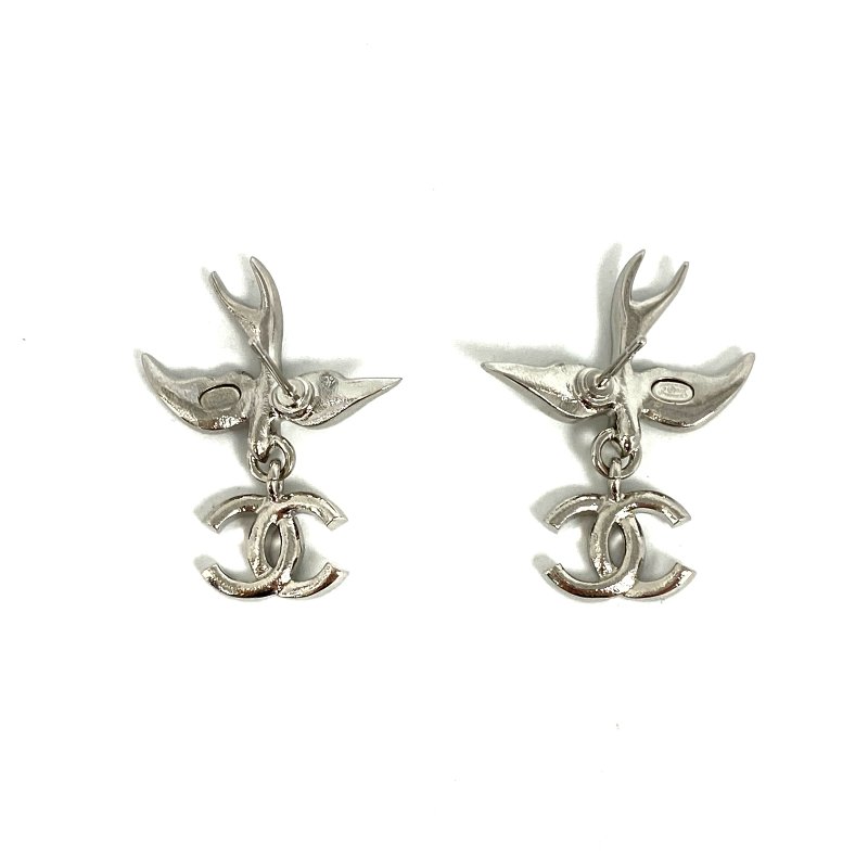 ☆ Chanel 香奈兒 Silver Tone Metal Rhinestones CC Swallow Earrings C25S 銀色金屬水鑽CC燕子耳環 - 257021396-1
