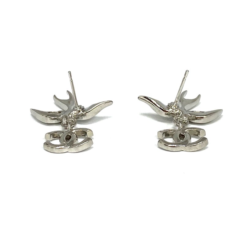 ☆ Chanel 香奈兒 Silver Tone Metal Rhinestones CC Swallow Earrings C25S 銀色金屬水鑽CC燕子耳環 - 257021396-2