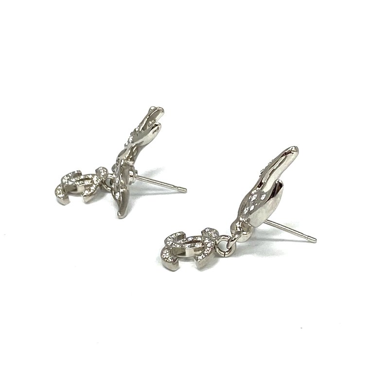 ☆ Chanel 香奈兒 Silver Tone Metal Rhinestones CC Swallow Earrings C25S 銀色金屬水鑽CC燕子耳環 - 257021396-6