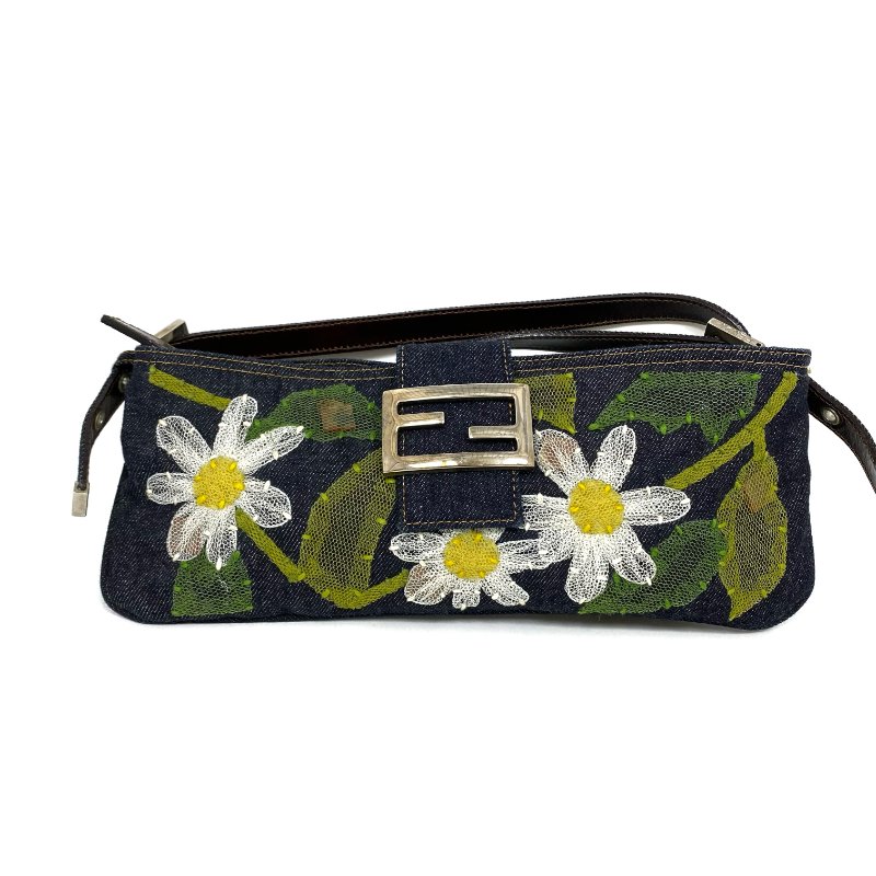 ☆ Fendi 芬迪 Navy Denim Flower Shoulder Bag 深藍色牛仔布花花肩背袋 - 257021827-1