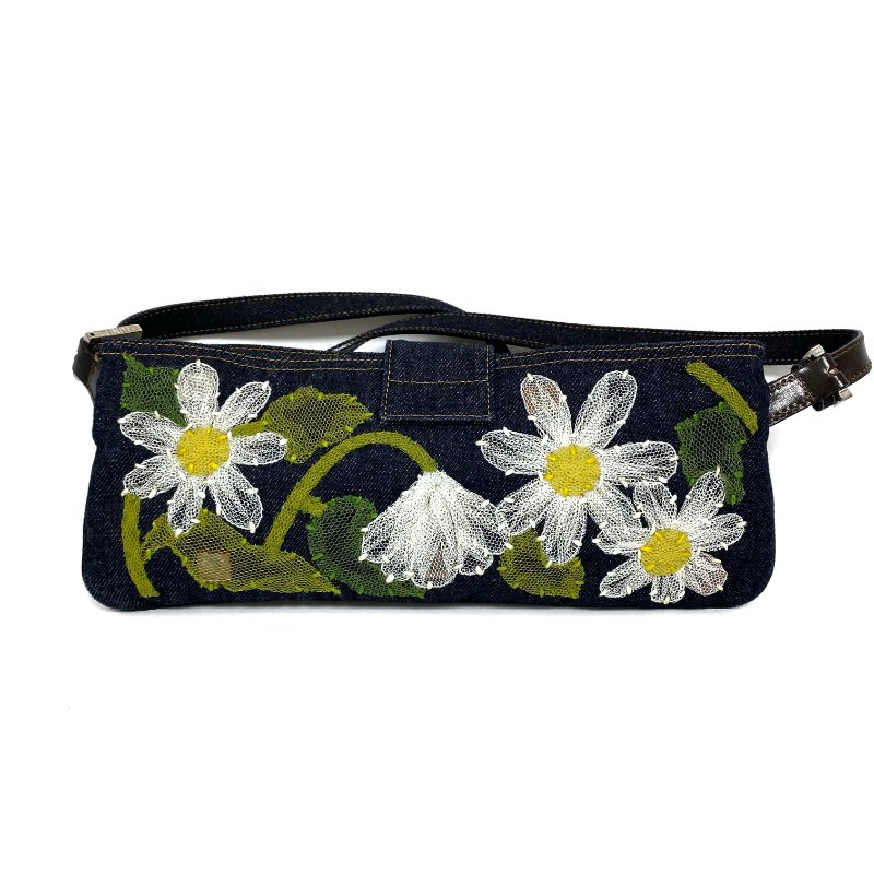 ☆ Fendi 芬迪 Navy Denim Flower Shoulder Bag 深藍色牛仔布花花肩背袋 - 257021827-2