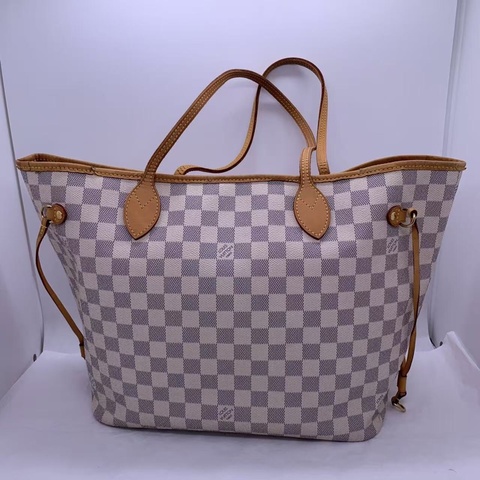 二手 lv neverfull 中號白棋盤格，包口手柄內里發黑磨損，包有異味