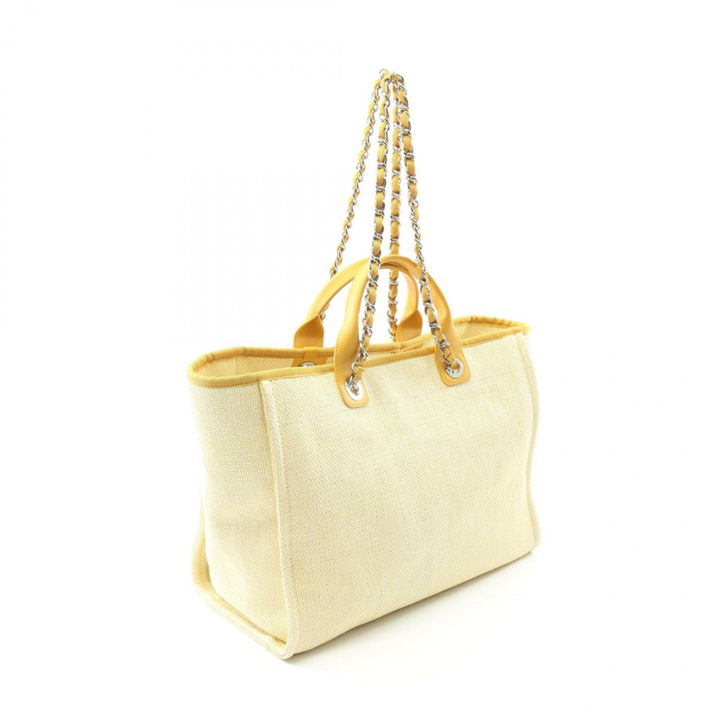 香奈兒 Deauville 鏈條肩托特包 A66941 皮革拉菲草米黃色二手-1