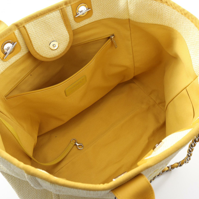 香奈兒 Deauville 鏈條肩托特包 A66941 皮革拉菲草米黃色二手-2