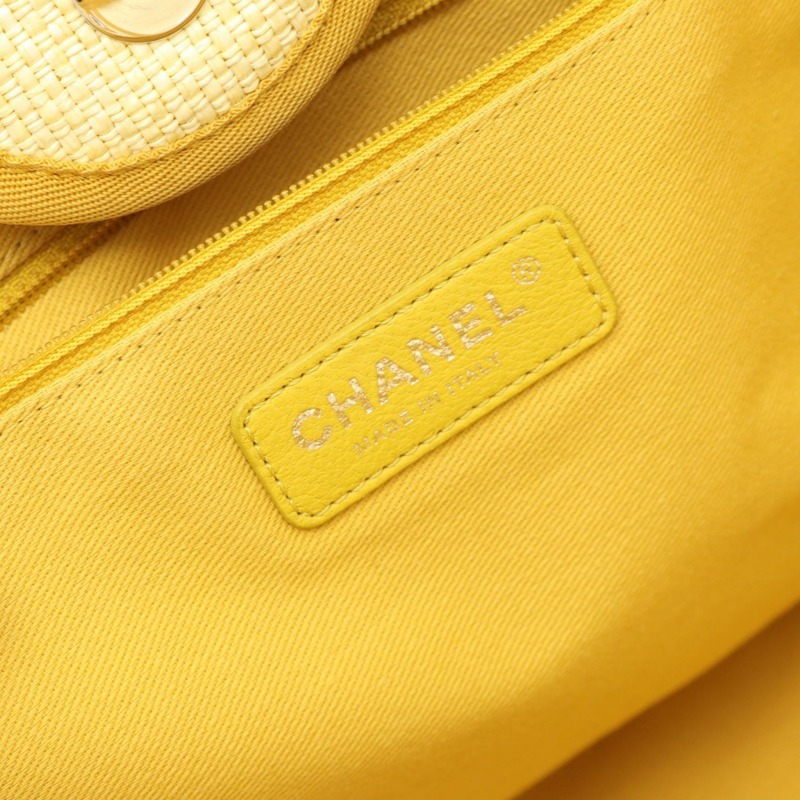 香奈兒 Deauville 鏈條肩托特包 A66941 皮革拉菲草米黃色二手-3