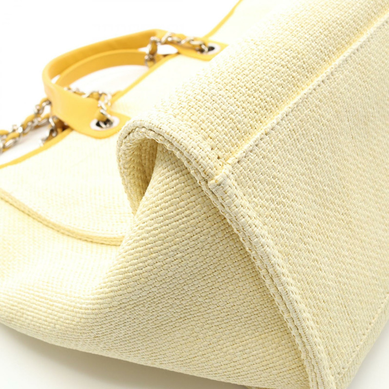 香奈兒 Deauville 鏈條肩托特包 A66941 皮革拉菲草米黃色二手-6