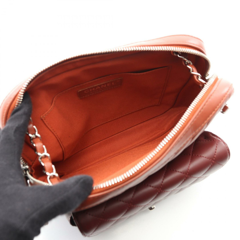 香奈兒 V 字縫線人字紋鏈單肩包,羊皮,棕色波爾多紅,銀色五金,二手-2