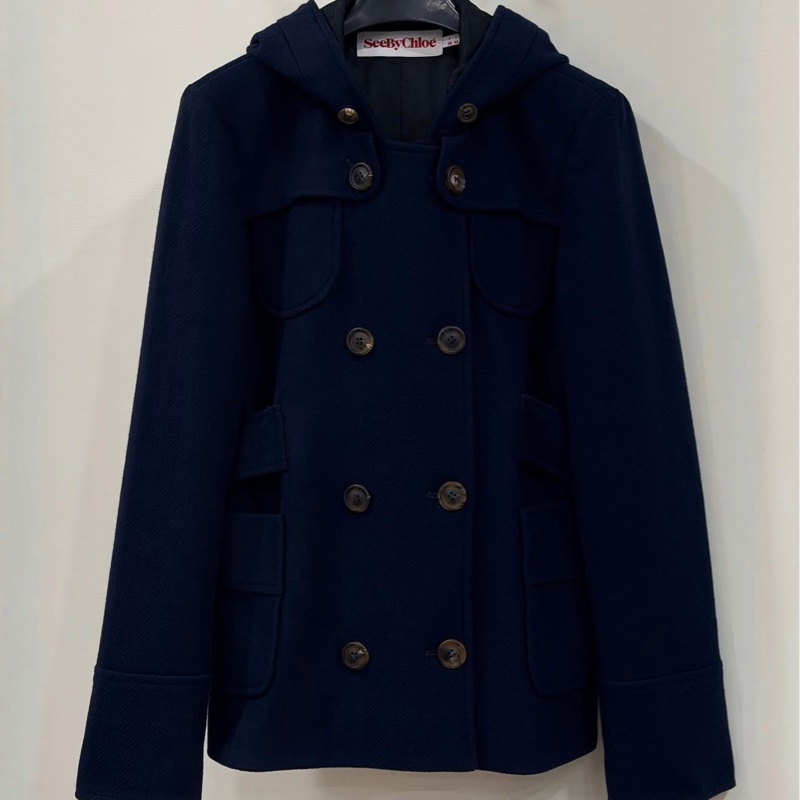 SeeByChloé 雙排扣毛料連帽大衣-0