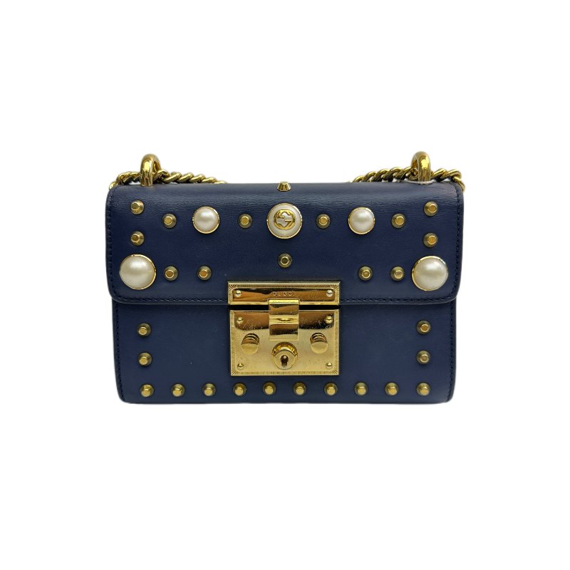 GUCCI 鎖扣包 金屬鎖扣 珍珠鉚釘裝飾 皮革斜背包-0