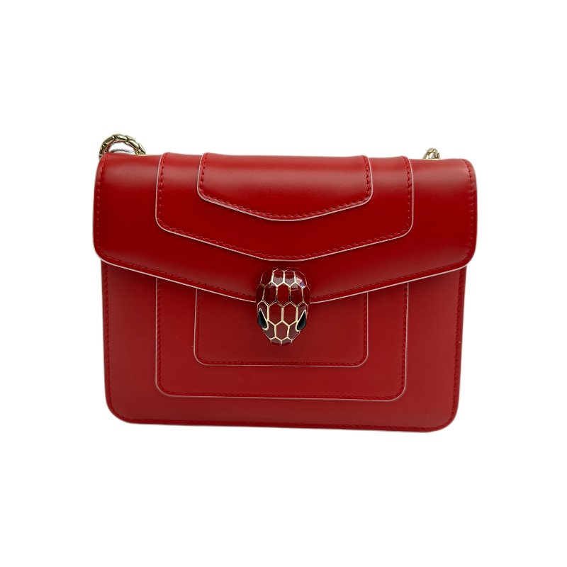 寶格麗 Serpenti Forever 系列蛇頭皮革鏈條斜背包 紅色-0