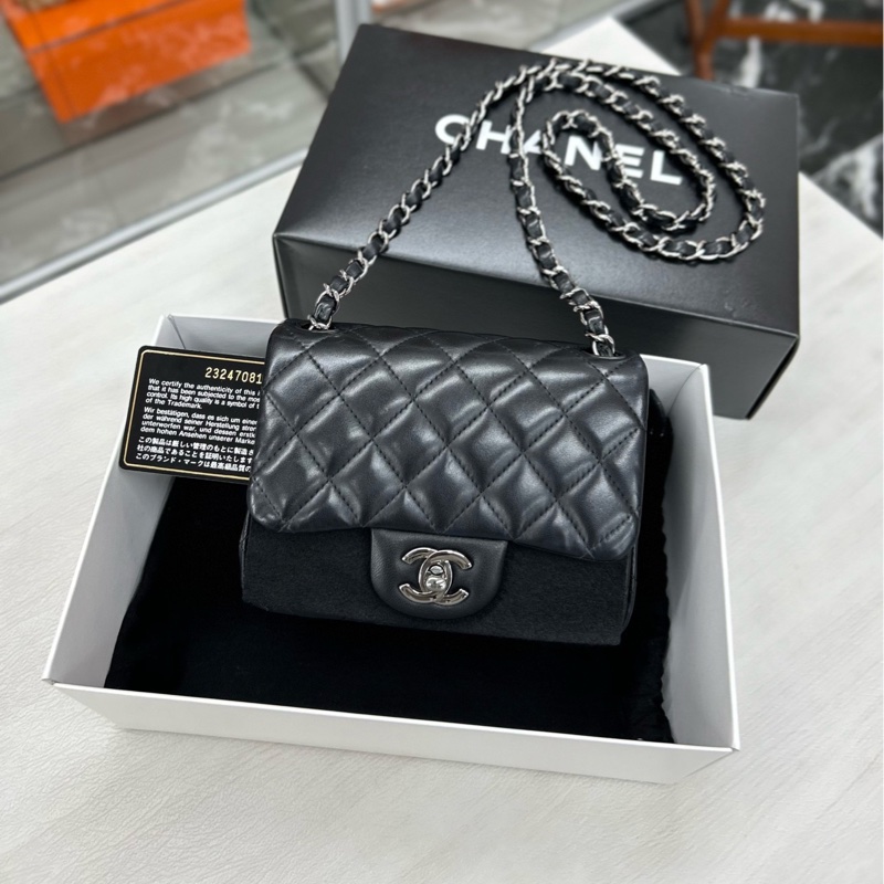 Chanel 黑銀 羊皮方胖子 鐳射23開 附件卡、毛氈、塵袋、盒-0