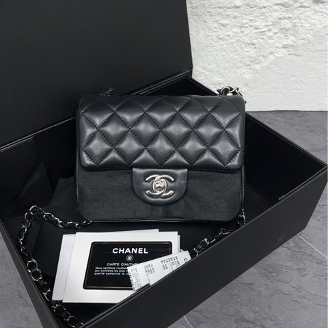 Chanel 黑銀 羊皮方胖子 鐳射24開 附件卡、毛氈、塵袋、盒