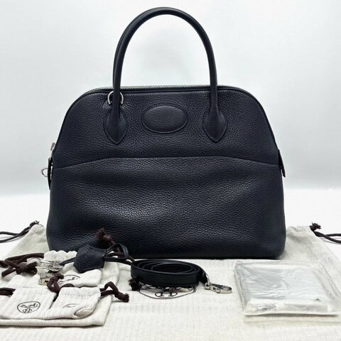 HERMES 黑色銀扣保齡球31手提肩背斜背包31*23*12 98新配件塵袋雨衣鎖鑰匙