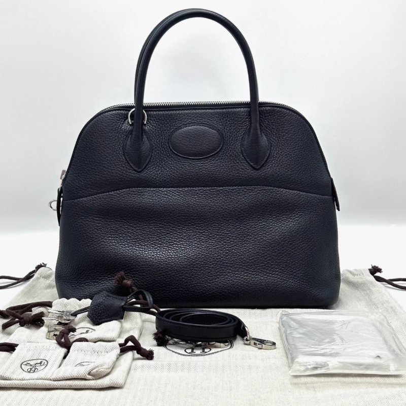 HERMES 黑色銀扣保齡球31手提肩背斜背包31*23*12 98新配件塵袋雨衣鎖鑰匙-0