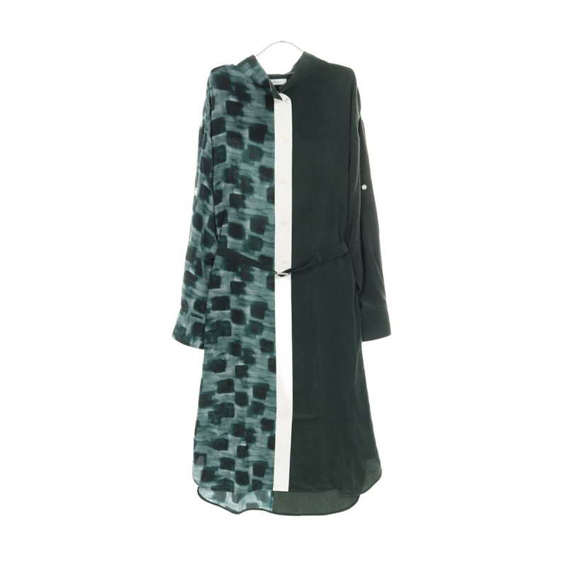 Salvatore Ferragamo 40號絲質洋裝,綠白相間,二手女款-0