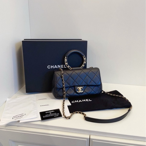 【閒置全套99新🆕】Chanel 黑金菱格 圓環手柄 handle 手提包 斜挎包 單肩包