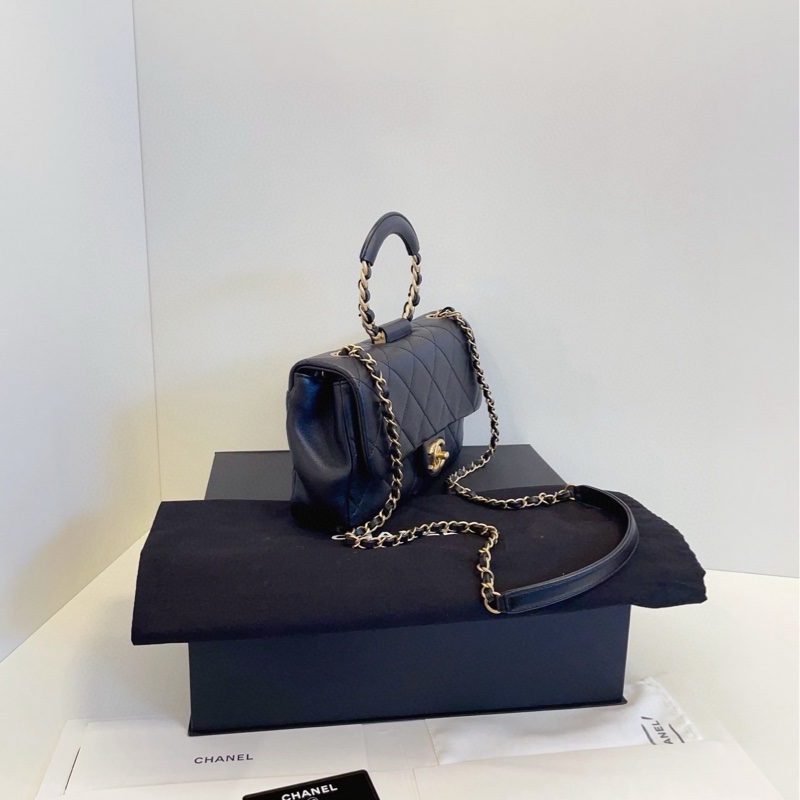 【閒置全套99新🆕】Chanel 黑金菱格 圓環手柄 handle 手提包 斜挎包 單肩包-2