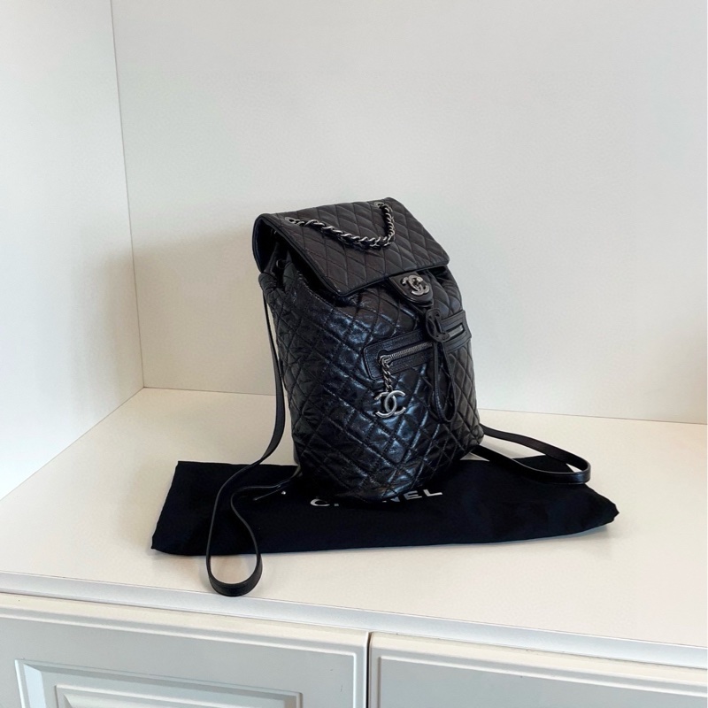 【98新以上🆕】Chanel 黑銀油蠟牛皮 薩爾茨堡雙肩包 中號背包-1