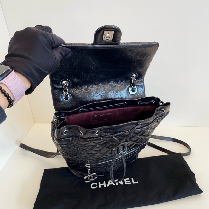 【98新以上🆕】Chanel 黑銀油蠟牛皮 薩爾茨堡雙肩包 中號背包-8