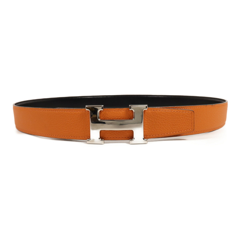 HERMES Clemence皮革Belt 105cm銀扣皮帶Orange-0