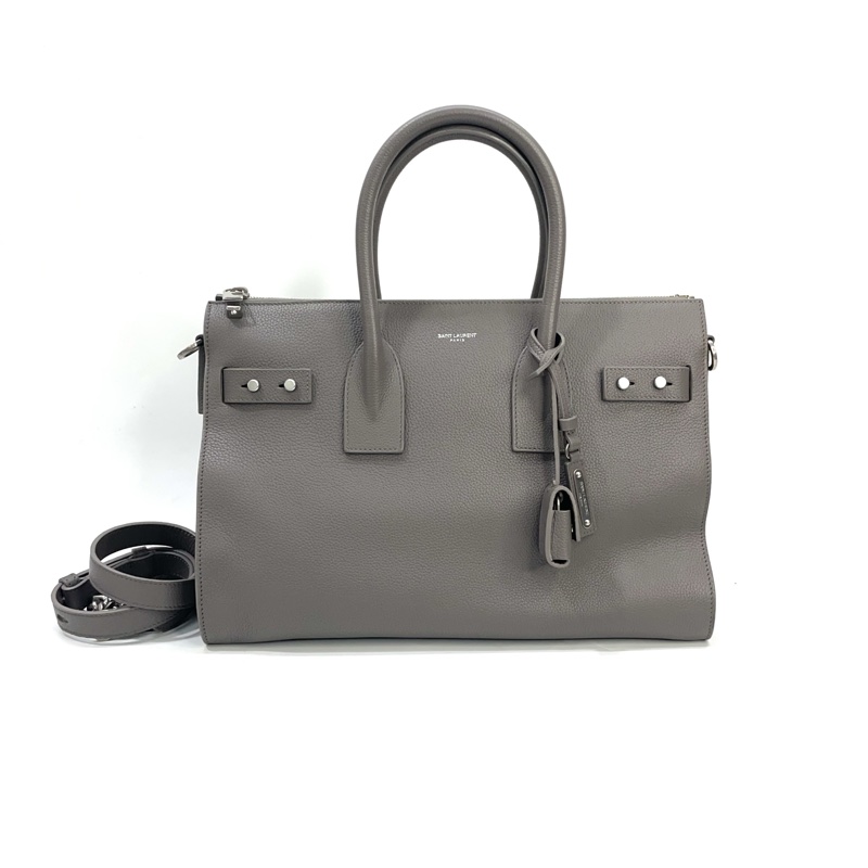 YSL 大象灰牛皮霧金釦手提斜背包-0