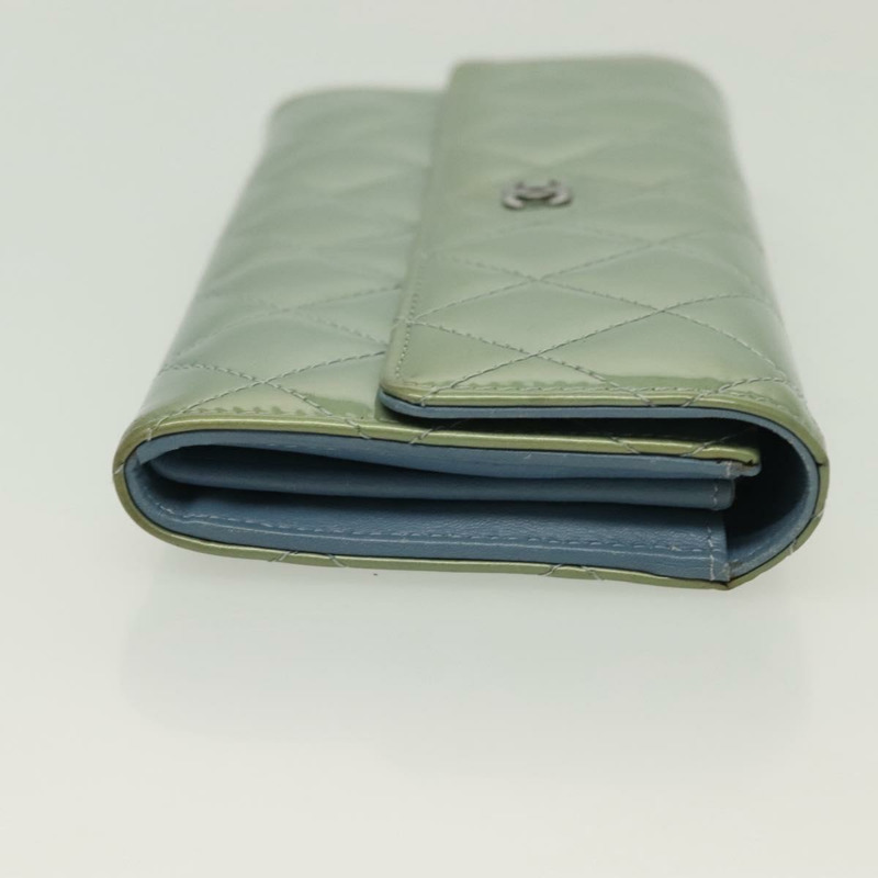 【日本直送】香奈兒 (CHANEL) Matelasse 長版皮夾 琺瑯綠 銀色 CC Auth 138942-3