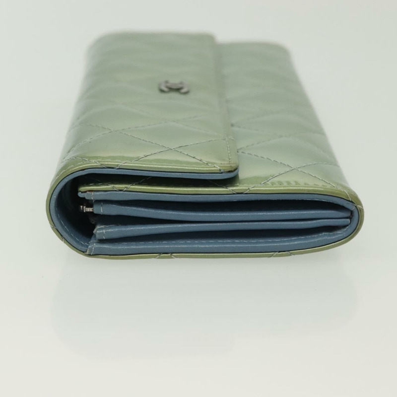 【日本直送】香奈兒 (CHANEL) Matelasse 長版皮夾 琺瑯綠 銀色 CC Auth 138942-4