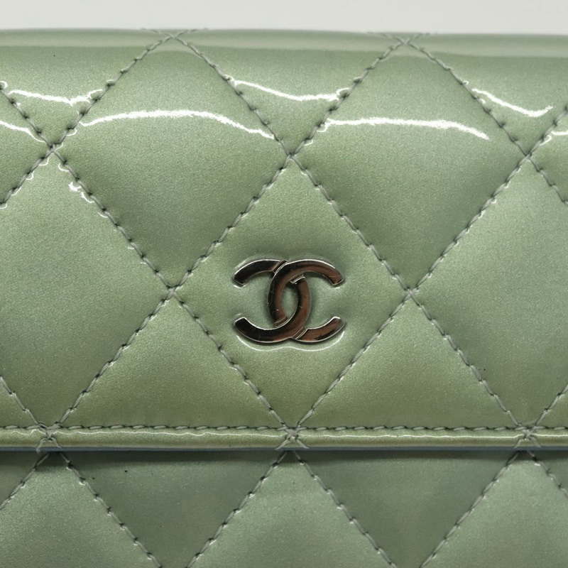【日本直送】香奈兒 (CHANEL) Matelasse 長版皮夾 琺瑯綠 銀色 CC Auth 138942-16