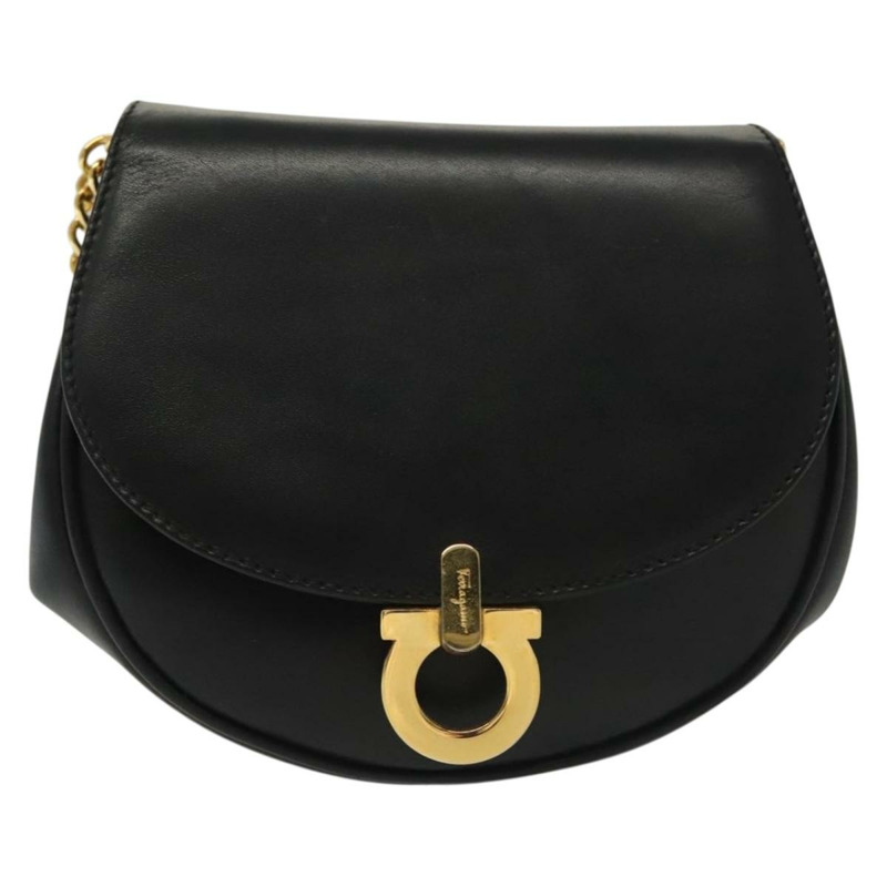 【日本直送】Salvatore Ferragamo Gancini 鏈條肩背包，黑色皮革，金色，正品，貨號 138877-12
