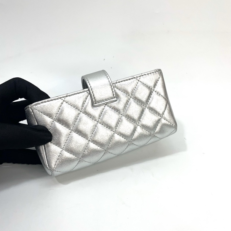 Chanel 銀色羊皮銀釦雙層萬用包 零錢包 y2k-1