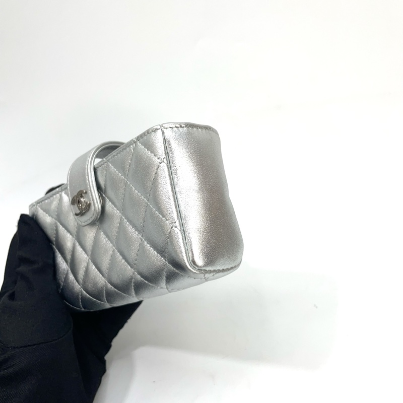 Chanel 銀色羊皮銀釦雙層萬用包 零錢包 y2k-3