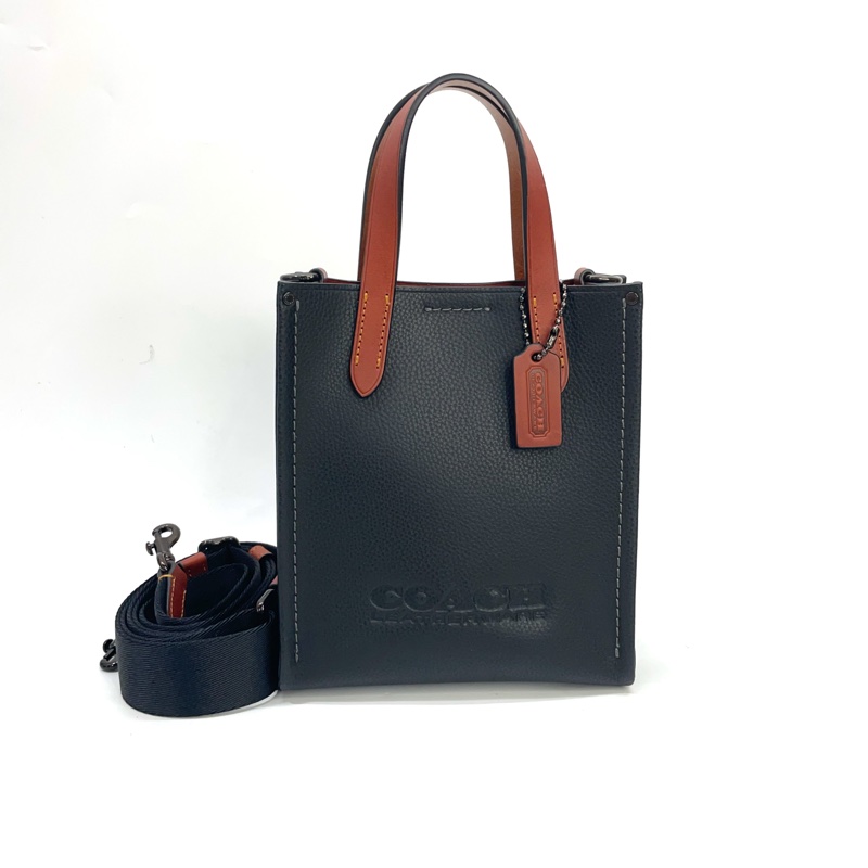 Coach 黑牛皮拼咖牛皮咖釦Relay 17手提斜背包 托特包-0