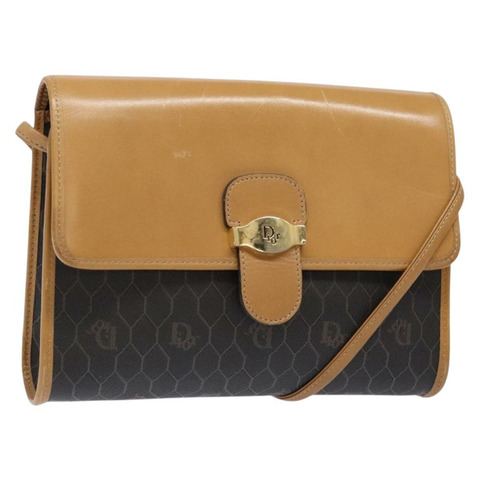 Christian Dior 蜂巢帆布肩背包 PVC 黑色金色 正品 BA4862