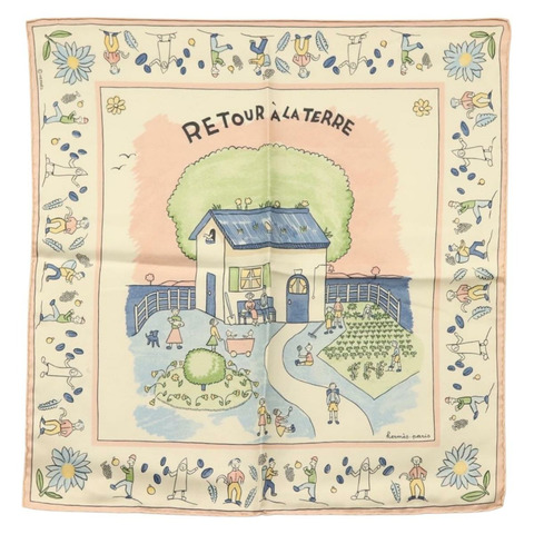 HERMES Carre 40 圍巾「RETOUR A LA TERRE」真絲粉紅正品 BA5053