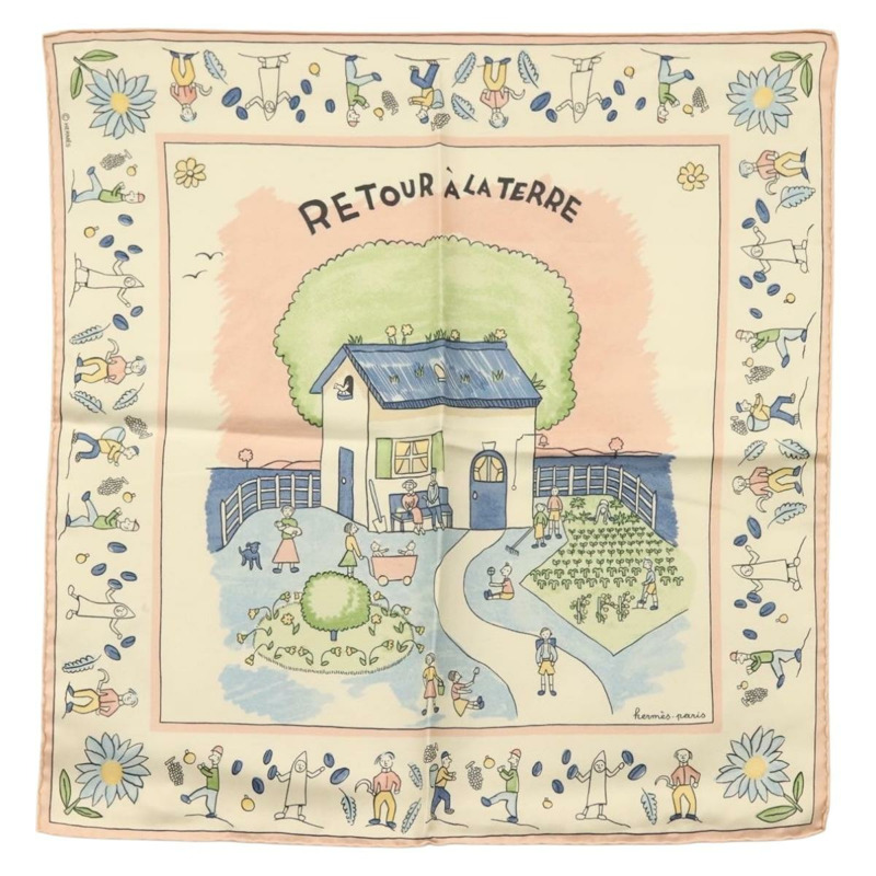 【日本直送】HERMES Carre 40 圍巾「RETOUR A LA TERRE」真絲粉紅正品 BA5053-0