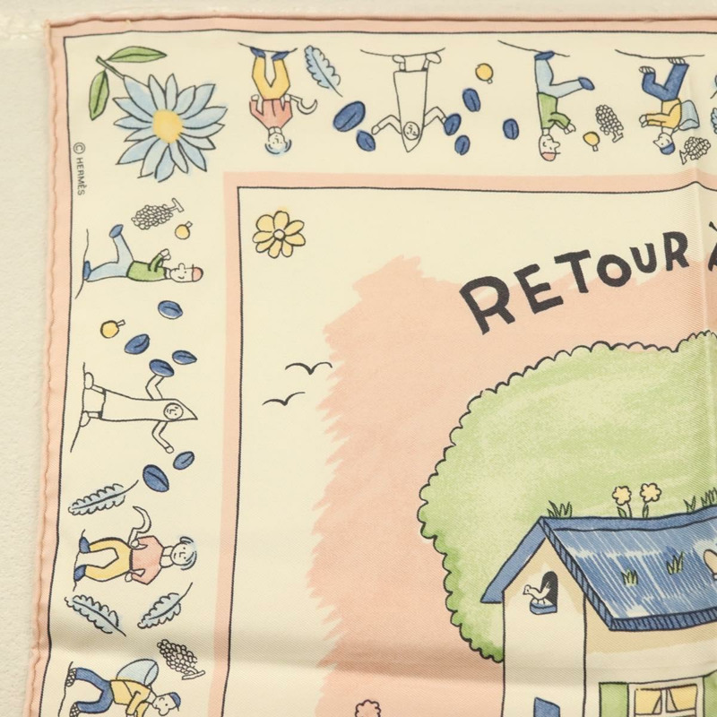 【日本直送】HERMES Carre 40 圍巾「RETOUR A LA TERRE」真絲粉紅正品 BA5053-1