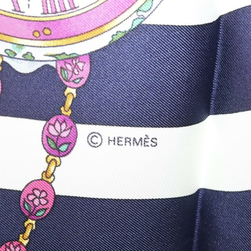 【日本直送】HERMES Carre 90 圍巾「parmi les fleurs je compt」真絲海軍藍正品 am9007-10