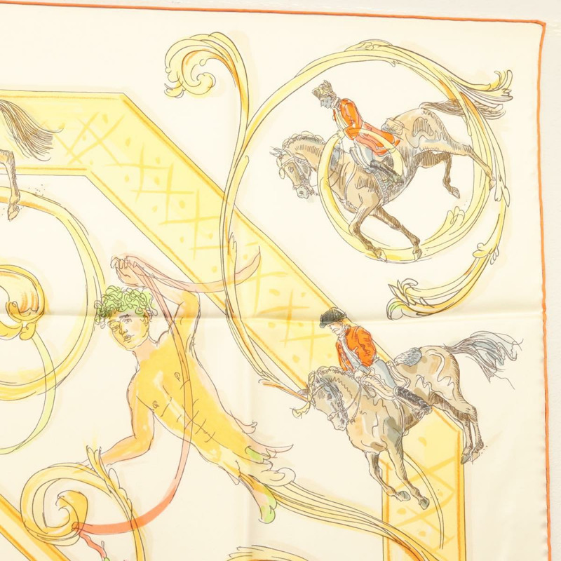 【日本直送】HERMES Carre 90 圍巾「cole Portugaise d'Art questre」絲綢米色正品 am9006-3