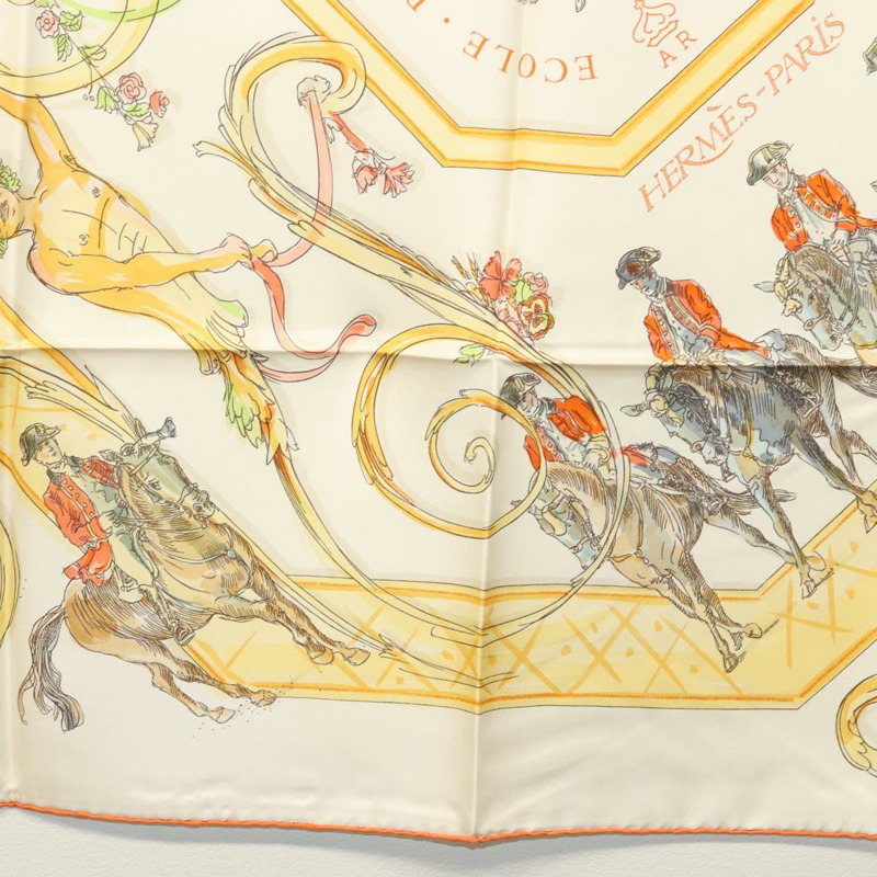【日本直送】HERMES Carre 90 圍巾「cole Portugaise d'Art questre」絲綢米色正品 am9006-8