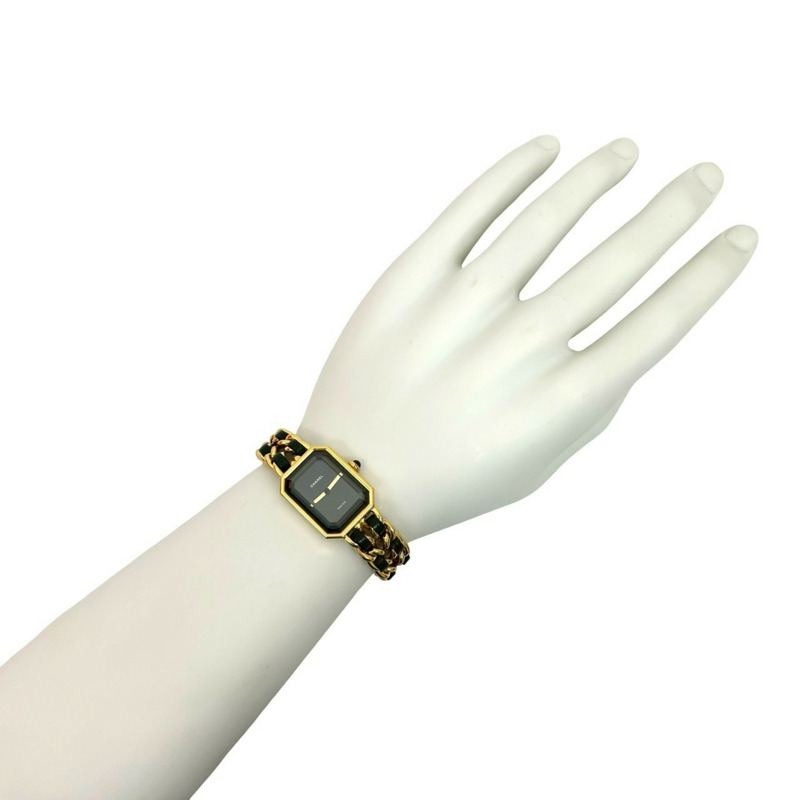 香奈兒 Premiere 系列不鏽鋼和皮革石英腕錶，金色/黑色 (23978)-0